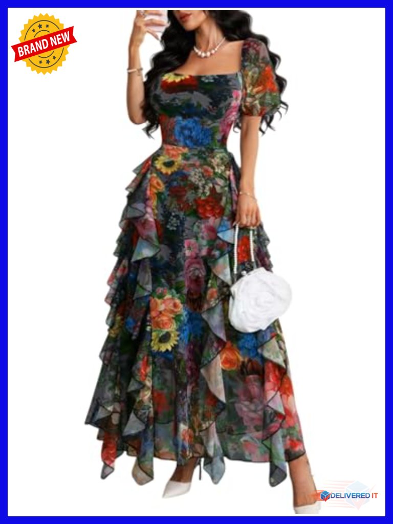 Floral Puff Sleeve Square Neck Ruffle Hem Mesh Formal Guest Party Dress